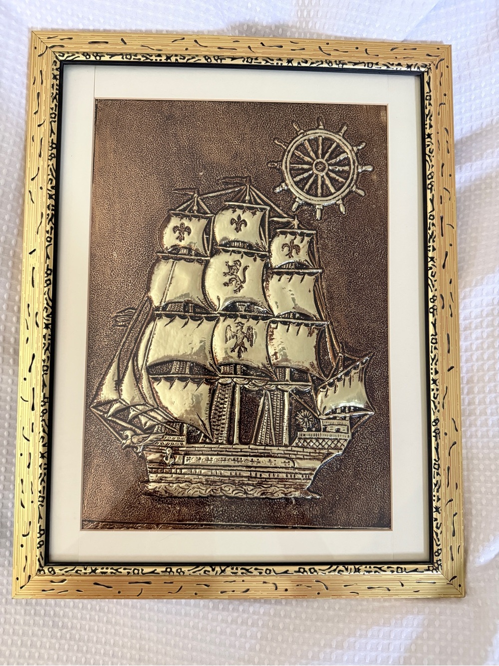 Vintage Framed Embossed Sailing Ship Wall Art Nautical Galleon 15x19 Like new!